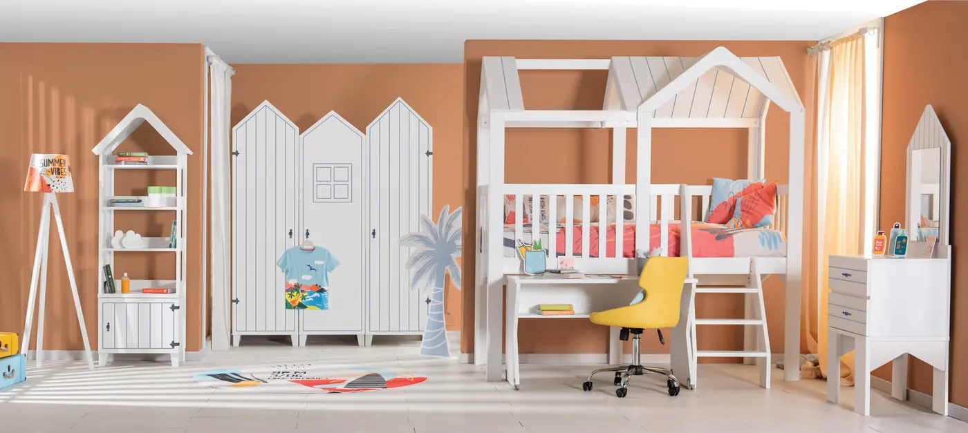 Miami room with white beach-cabin wardrobes on an orange wall