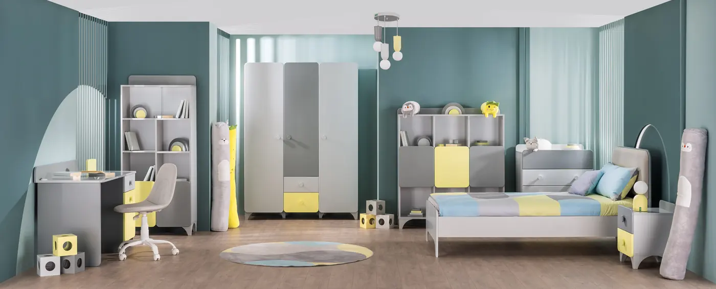 Minia room in grey and yellow with low furniture
