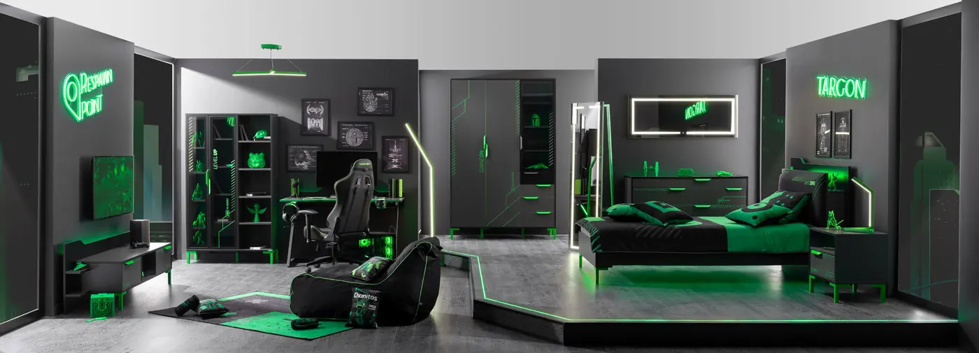 Targon gaming room in black with green light lines