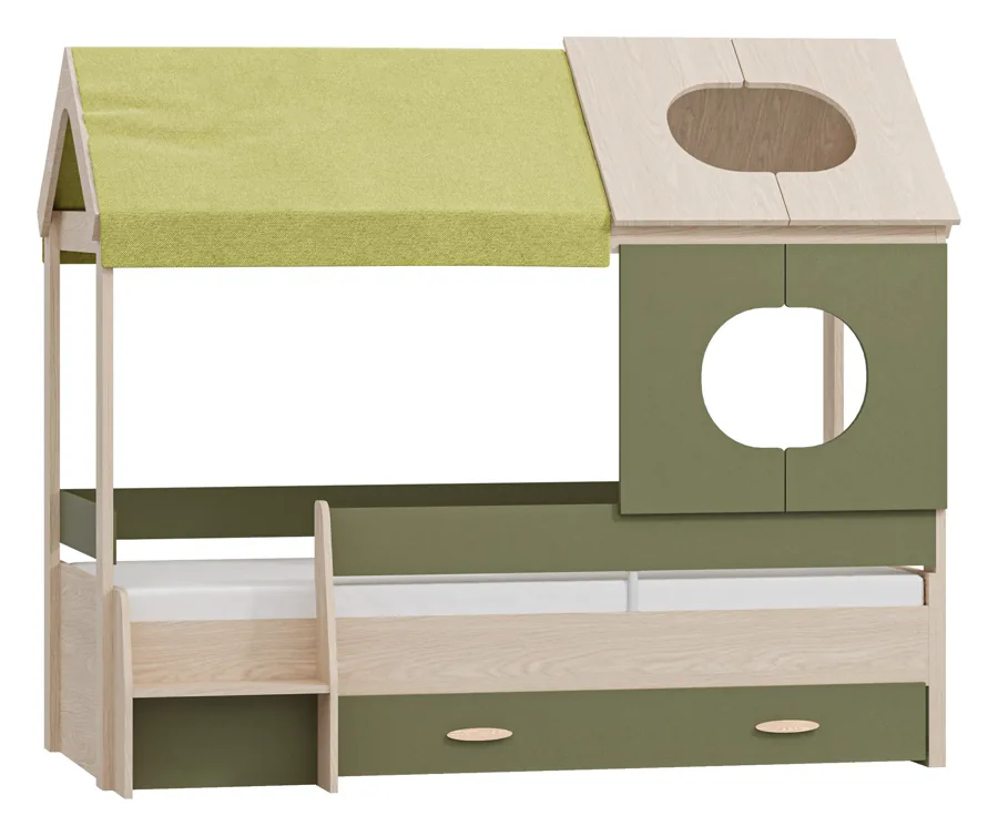 Green House roofed bed in green and wood tones