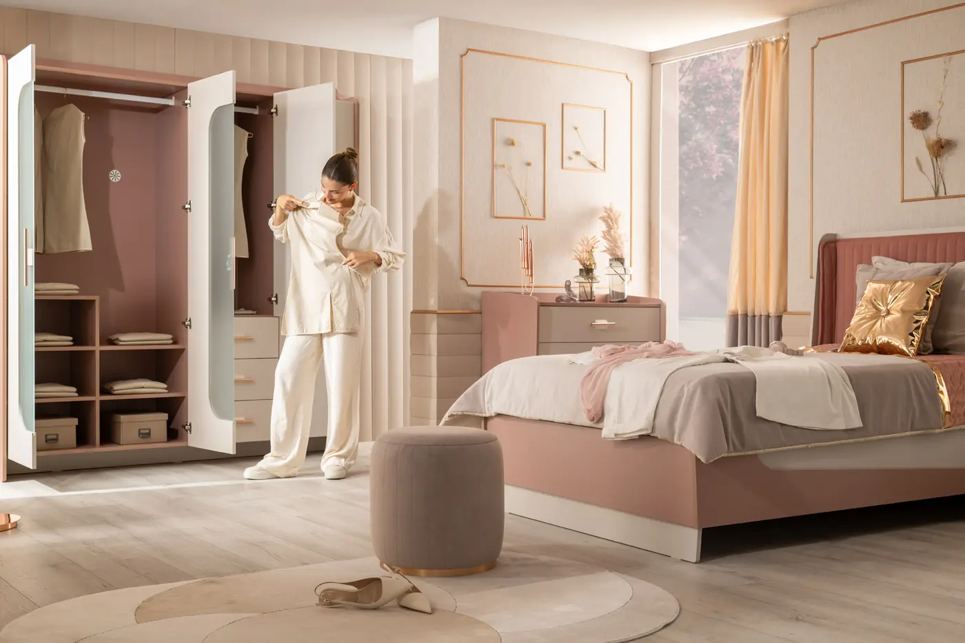 Estella wardrobe with open door in a warm bedroom