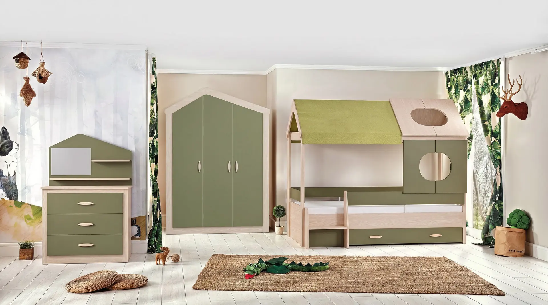 Green House room with house-shaped wardrobe and bed