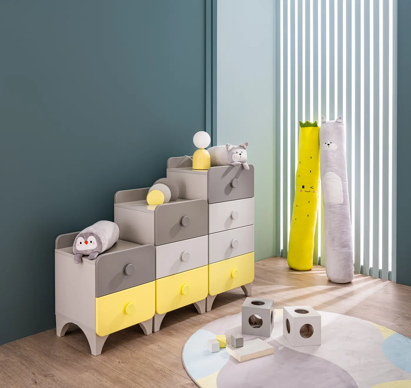 Minia dressers in grey and yellow