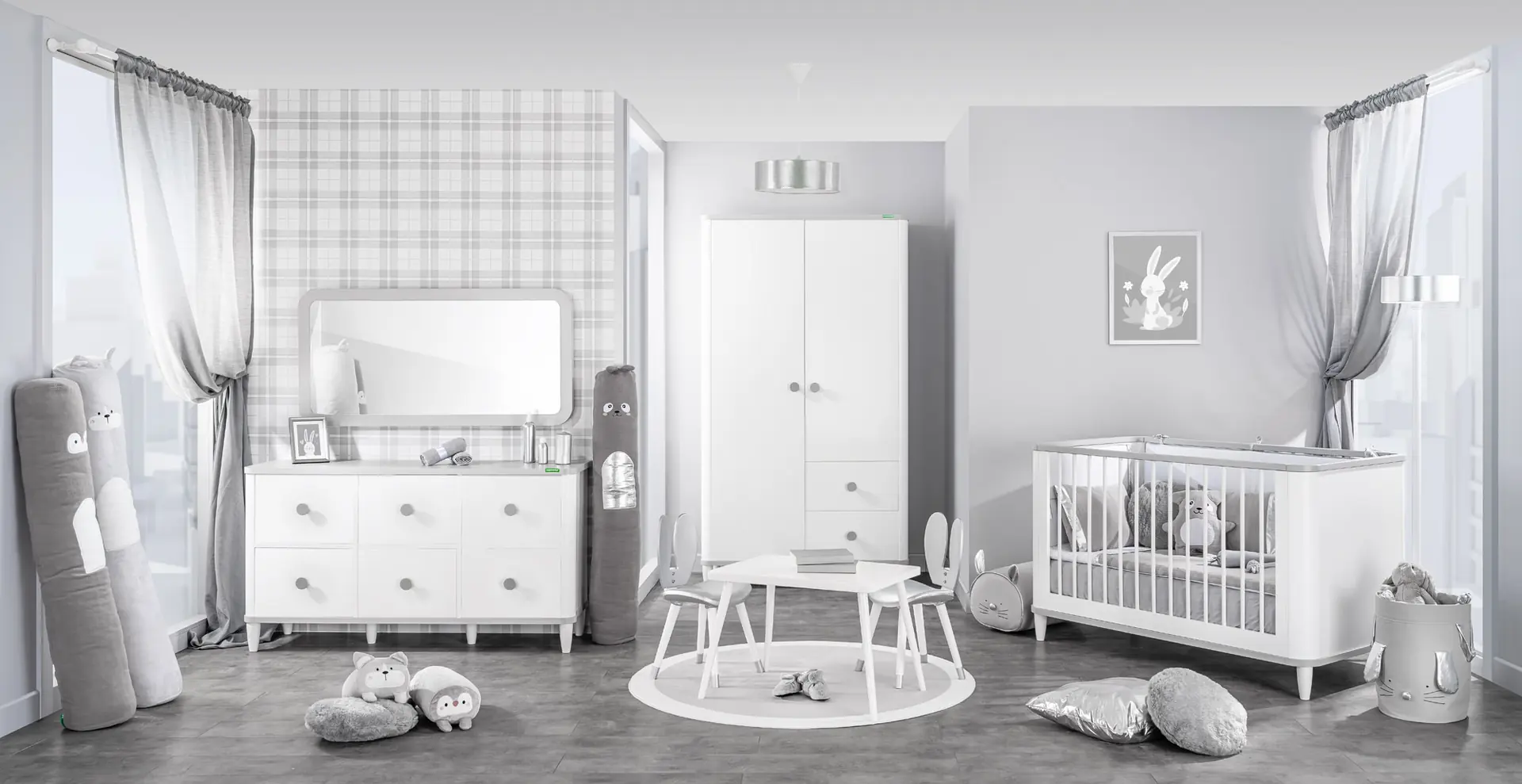Aden baby room in white and grey with crib, dresser and wardrobe