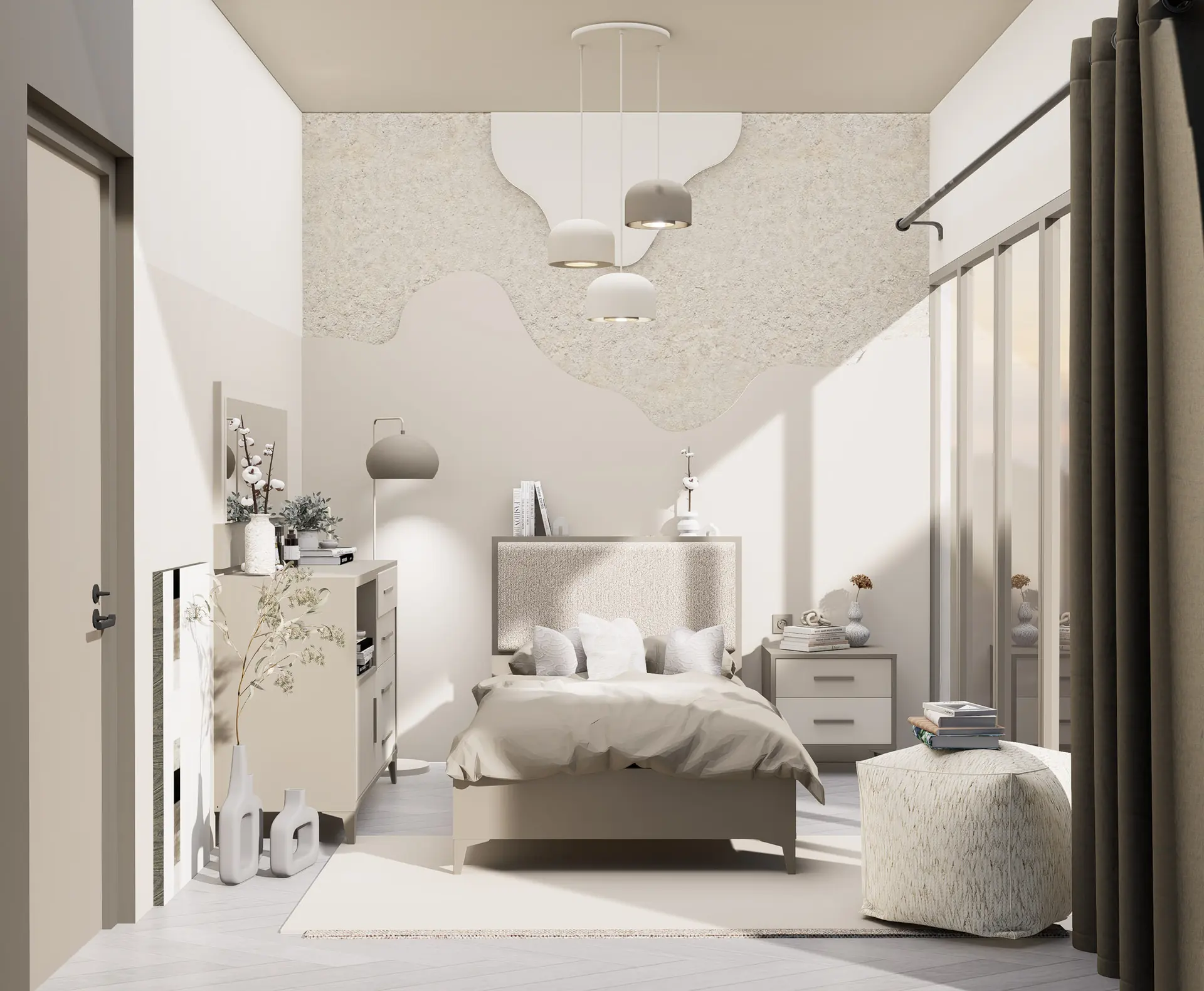 Bedroom with York wardrobes behind glass and a Riga bed