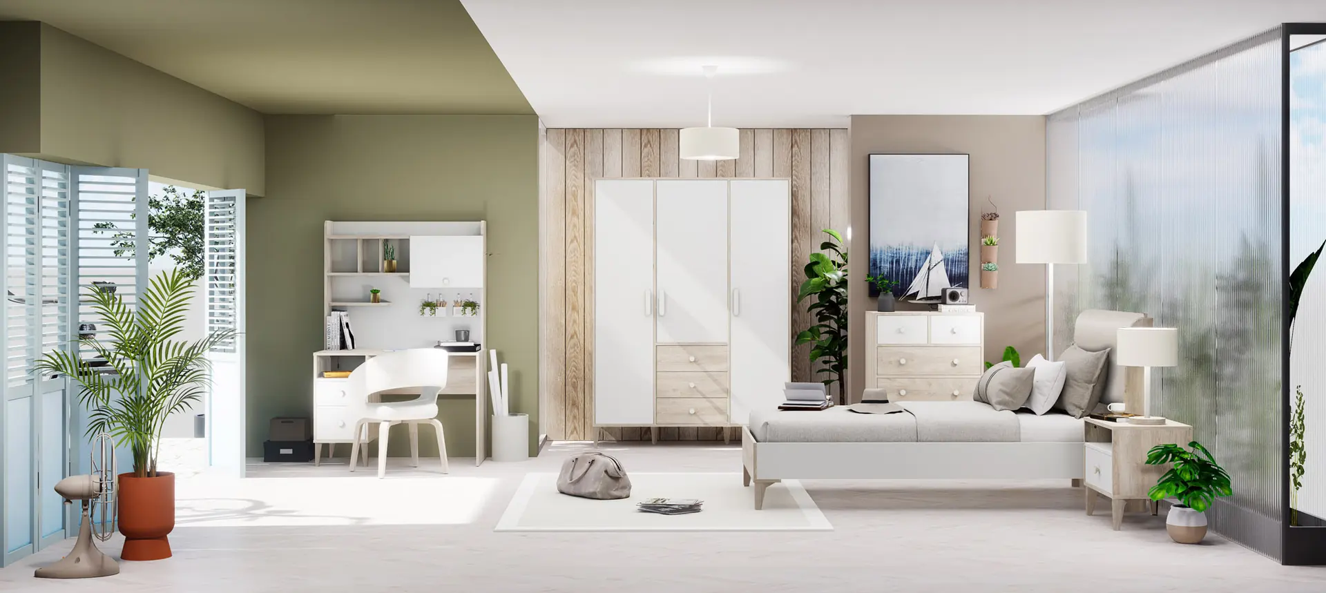 Ekvador teen room with desk, wardrobe and bed beside an olive green wall