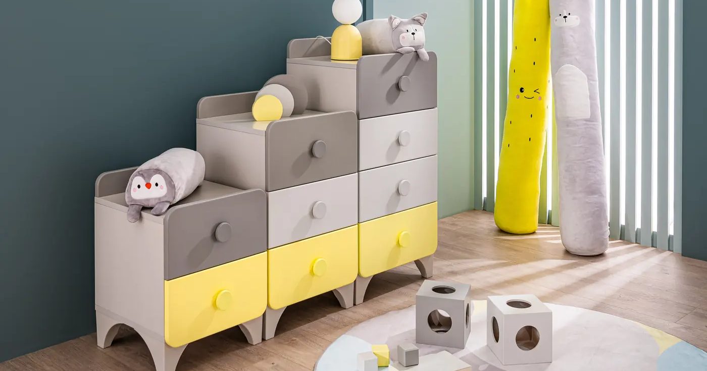 Low children's dressers in grey and yellow